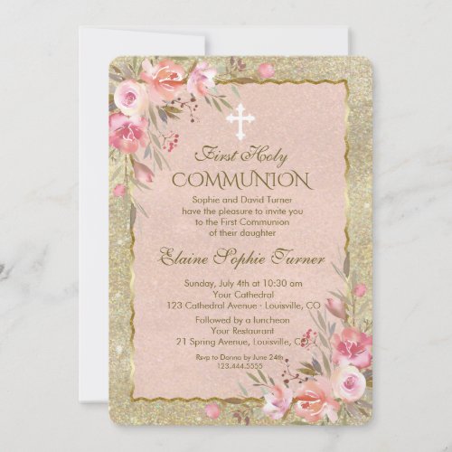 Glam Gold Glitter Blush Floral First Communion Invitation