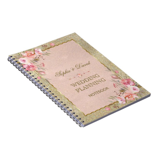 Glam Gold Glitter Blush Floral Wedding Planner Notebook (Right Side)