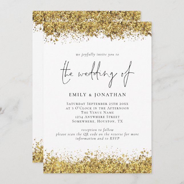 Glam Gold Glitter Borders Script QR Code Wedding Invitation (Front/Back)