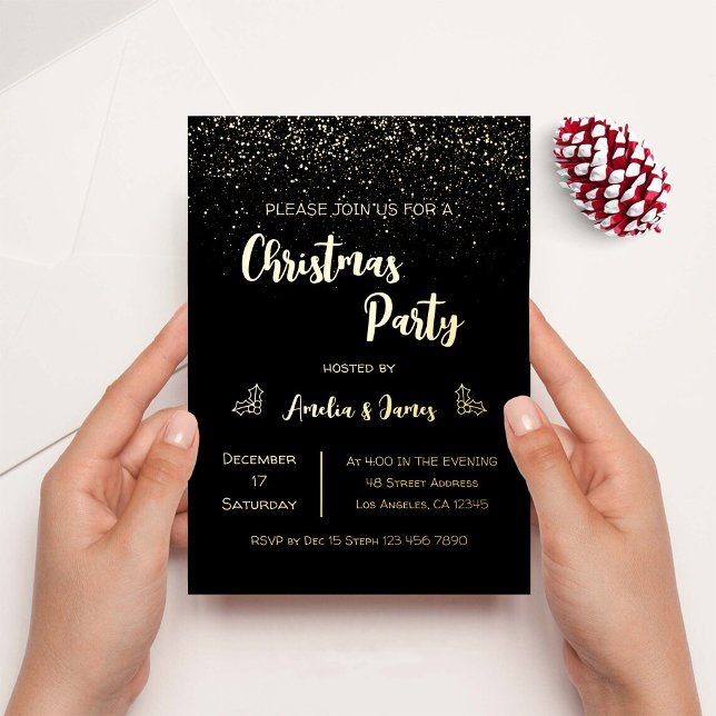 Glam Gold Glitter Christmas Black Party Foil Invitation (Creator Uploaded)