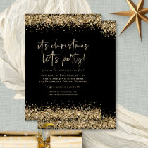 Glam Gold Glitter Christmas Lets Party Black Invitation