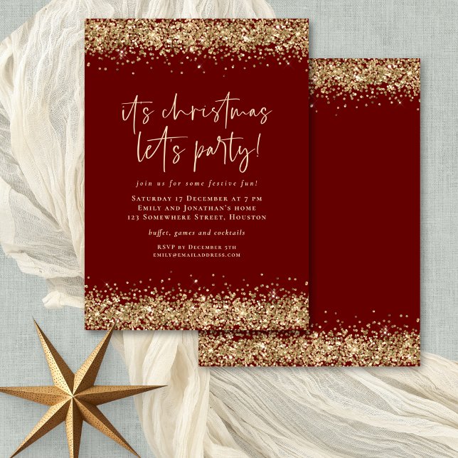 Glam Gold Glitter Christmas Lets Party Burgundy Invitation (Front and back view)