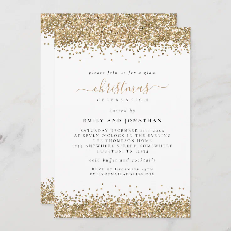 Glam Gold Glitter Christmas Party Invitation | Zazzle