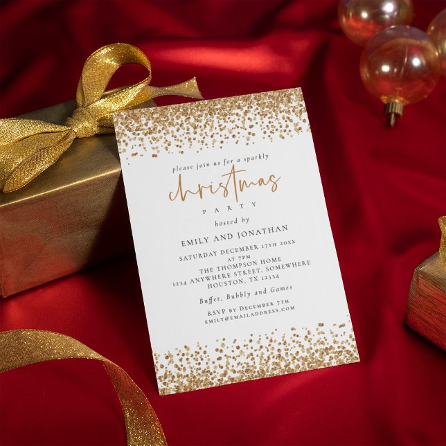 Glam Gold Glitter Christmas Party White Invitation (Available digitally and printed)