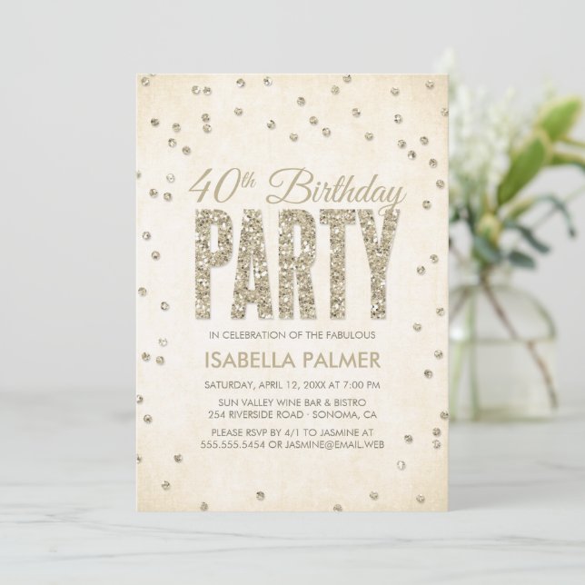 Glam Gold Glitter Confetti 40th Birthday Party Invitation (Standing Front)