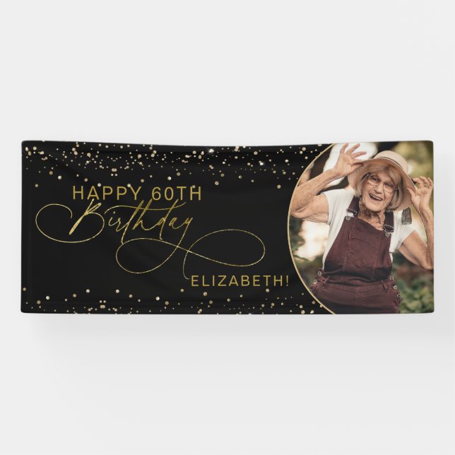 Glam Gold Glitter Confetti Photo Adult Birthday Banner (Horizontal)