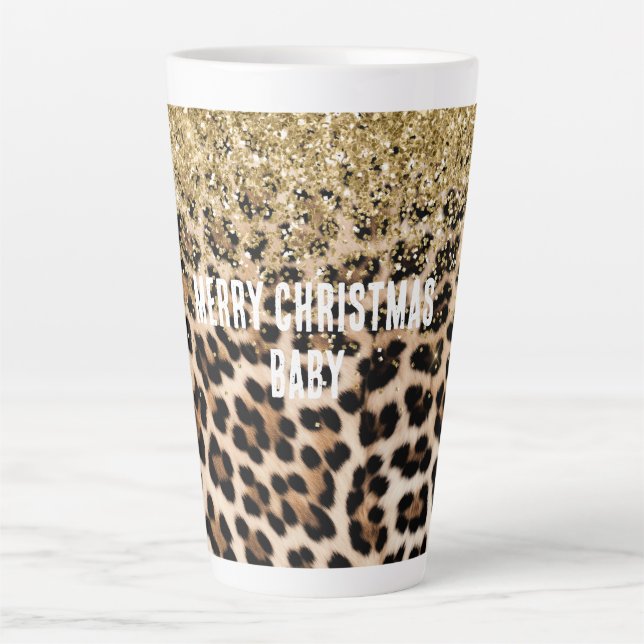 Glam Gold Glitter Cream Leopard Print Latte Mug (Front)