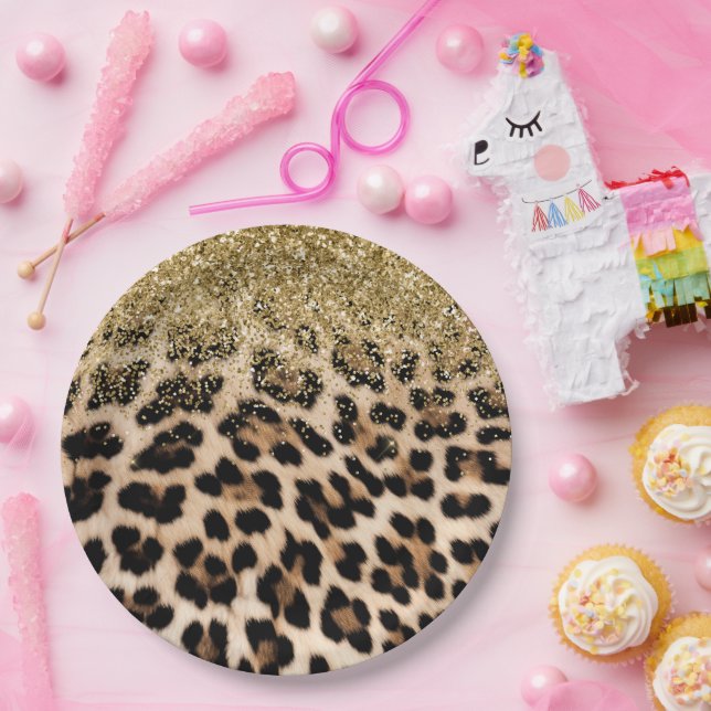 Glam Gold Glitter Cream Leopard Print Paper Plates (Party)