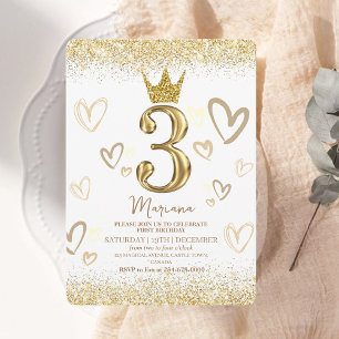 Glam Gold Glitter Crown 3rd Birthday Party Invitation