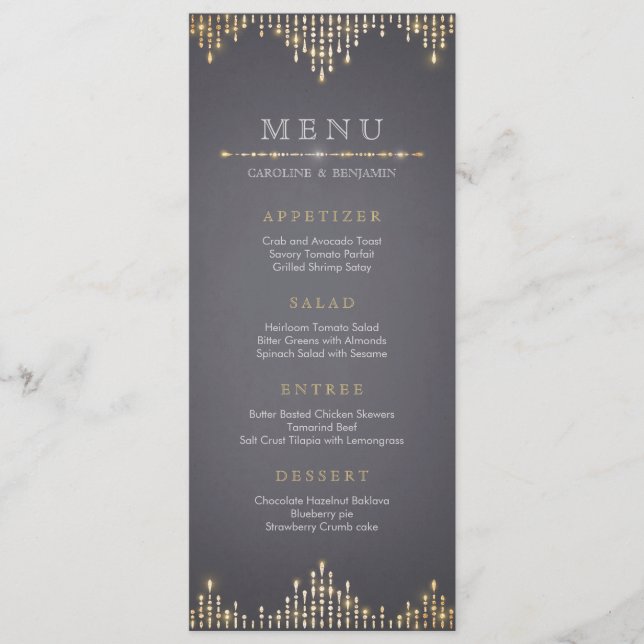 Glam gold glitter deco vintage wedding menu (Front)