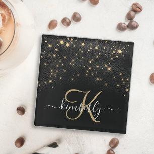 Glam Gold Glitter Diamond Sparkle Elegant Monogram Glass Coaster