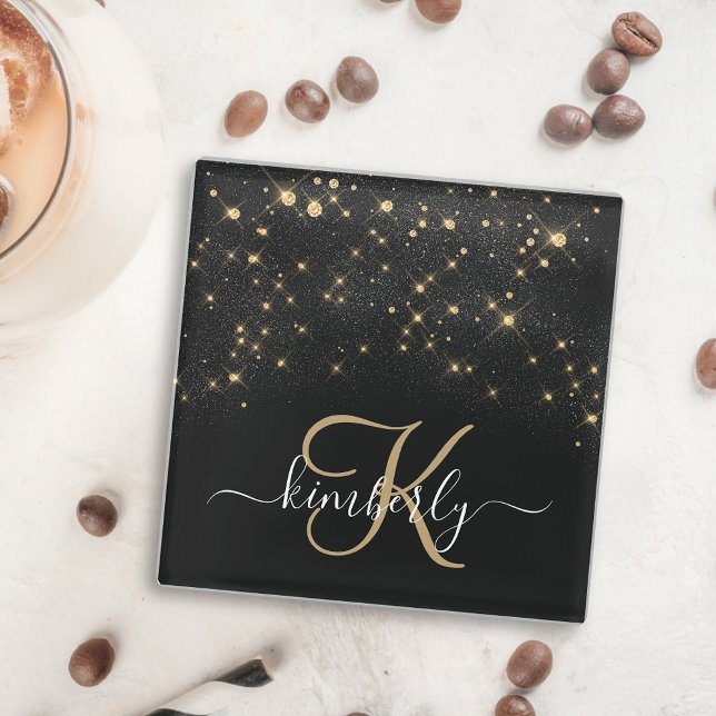 Glam Gold Glitter Diamond Sparkle Elegant Monogram Glass Coaster (Creator Uploaded)