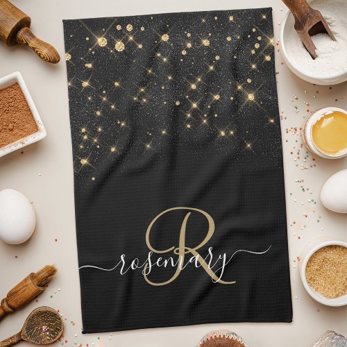 Glam Gold Glitter Diamond Sparkle Elegant Monogram Kitchen Towel