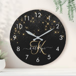 Glam Gold Glitter Diamond Sparkle Elegant Monogram Large Clock<br><div class="desc">Create your own personalized black and gold diamond sparkle clock with your custom monogram and name.</div>