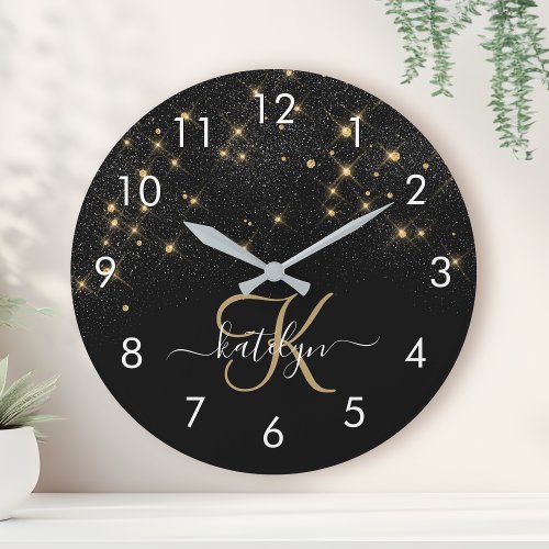 Glam Gold Glitter Diamond Sparkle Elegant Monogram Large Clock
