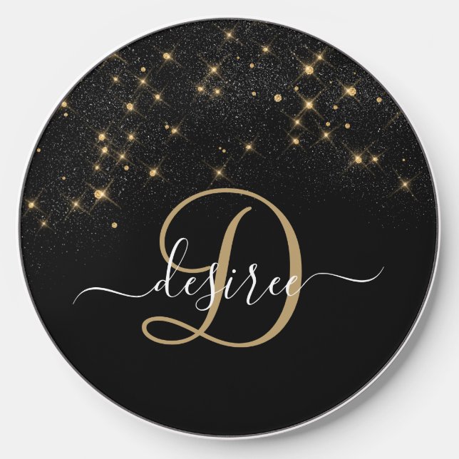 Glam Gold Glitter Diamond Sparkle Elegant Monogram Wireless Charger (Front)