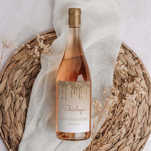 Glam Gold Glitter Drip 90th Birthday Party Wine Label (Creator Uploaded)