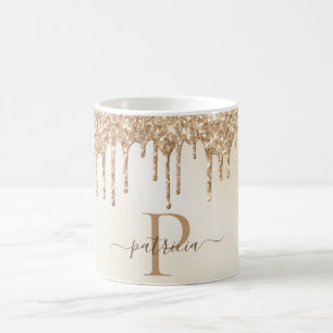 Glam Gold Glitter Drips Elegant Monogram Coffee Mug