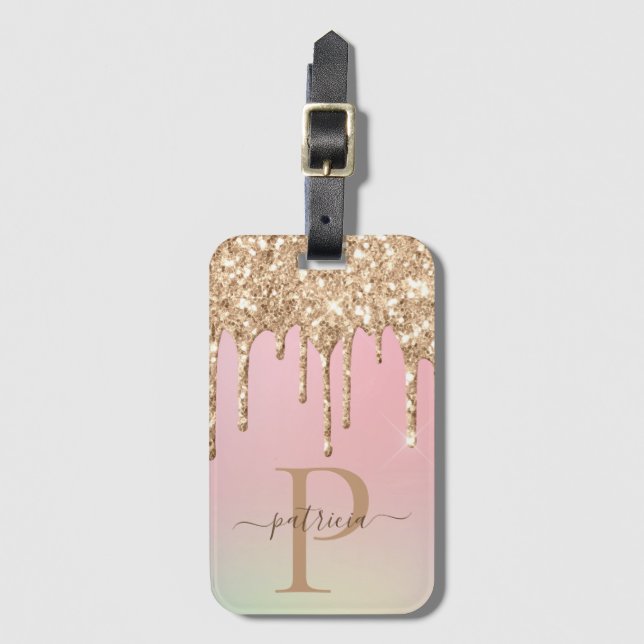 Glam Gold Glitter Drips Elegant Monogram Luggage Tag (Front Vertical)