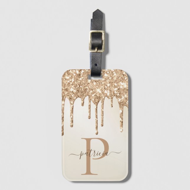 Glam Gold Glitter Drips Elegant Monogram  Luggage Tag (Front Vertical)