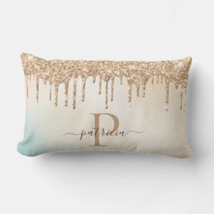 Glam Gold Glitter Drips Elegant Monogram Lumbar Pillow