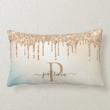 Glam Gold Glitter Drips Elegant Monogram  Lumbar Pillow