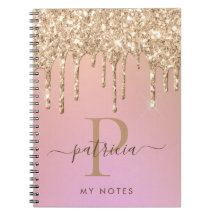 Glam Gold Glitter Drips Elegant Monogram Notebook