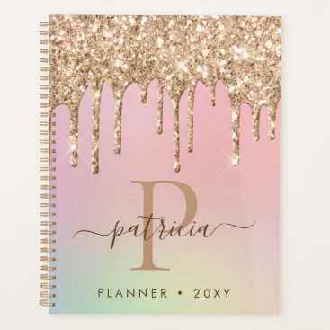 Glam Gold Glitter Drips Elegant Monogram Planner