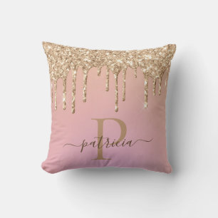Glam Gold Glitter Drips Elegant Monogram Throw Pil Pillow