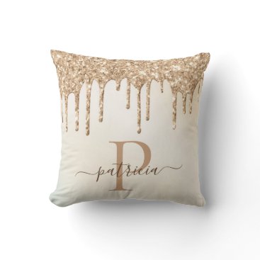 Glam Gold Glitter Drips Elegant Monogram Throw Pillow