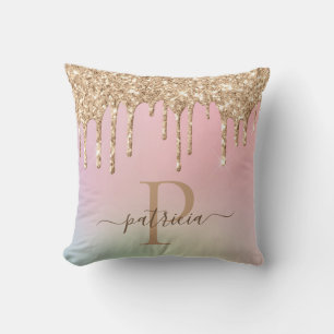 Glam Gold Glitter Drips Elegant Monogram Throw Pillow