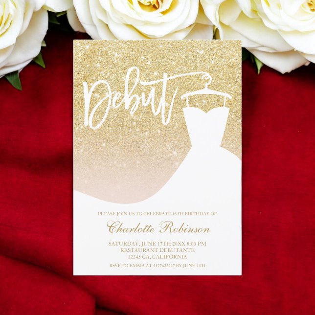 Glam gold glitter elegant chic dress 18th Debut Invitation (Glam gold glitter elegant chic dress 18th Debut Invitation)