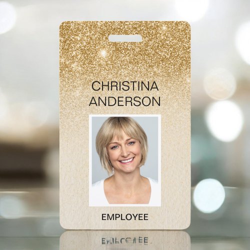 Glam Gold Glitter Employee Name Photo Corporate Badge