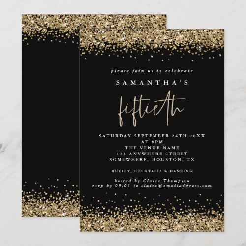 Glam Gold Glitter Fiftieth Party Black Invitation