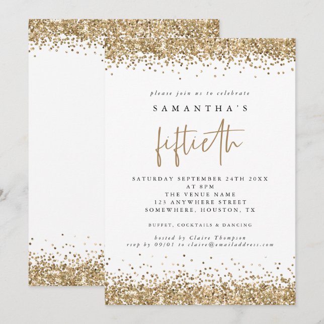 Glam Gold Glitter Fiftieth Party White Invitation (Front/Back)