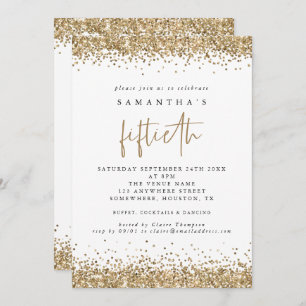Glam Gold Glitter Fiftieth Party White Invitation