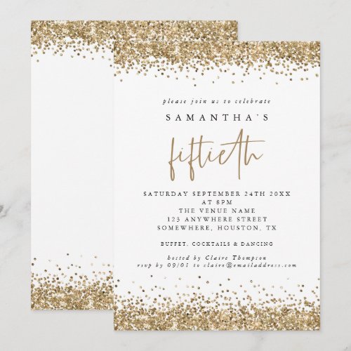 Glam Gold Glitter Fiftieth Party White Invitation