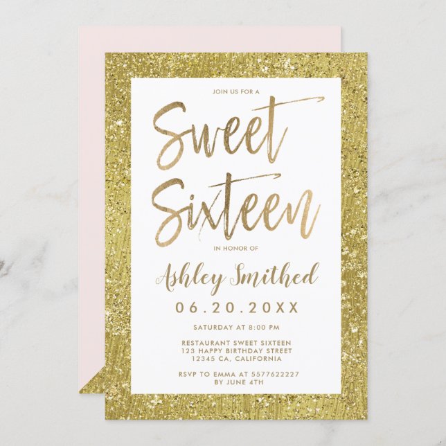 Glam gold glitter foil blush pink sweet sixteen invitation (Front/Back)