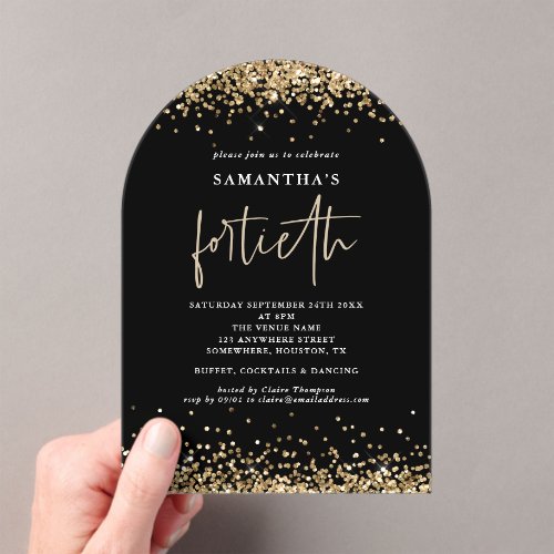 Glam Gold Glitter Fortieth Party Black Acrylic Invitations