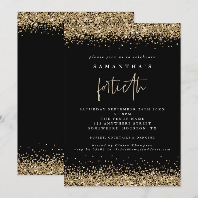 Glam Gold Glitter Fortieth Party Black Invitation (Front/Back)