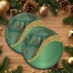 Glam Gold Glitter Green Metallic Festive Paper Plates