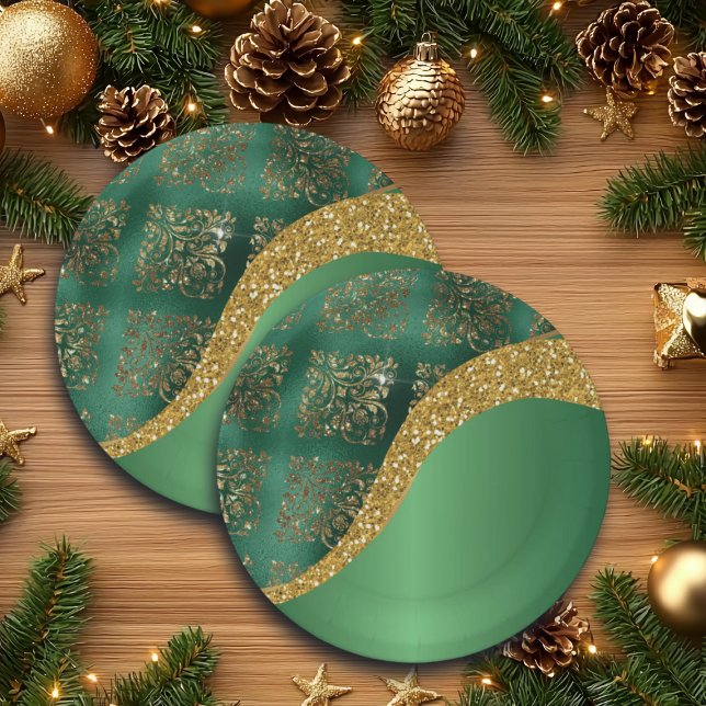 Glam Gold Glitter Green Metallic Festive Paper Plates (Creator Uploaded)