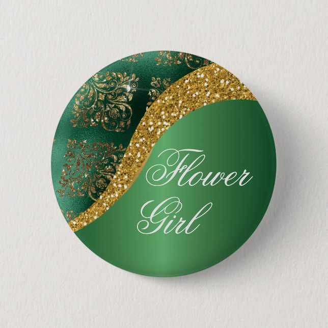 Glam Gold Glitter Green Metallic Flower Girl Button (Front)