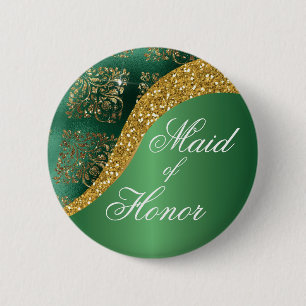 Glam Gold Glitter Green Metallic Maid of Honor Button