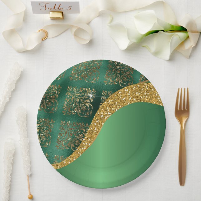 Glam Gold Glitter Green Metallic Wedding Paper Plates (Wedding)