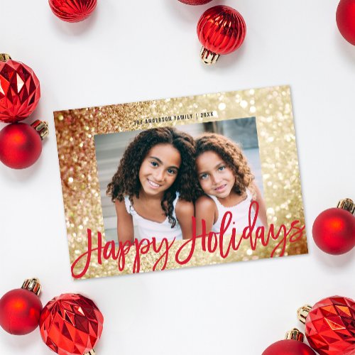 Glam Gold Glitter Happy Holidays Script 1 Photo Holiday Card