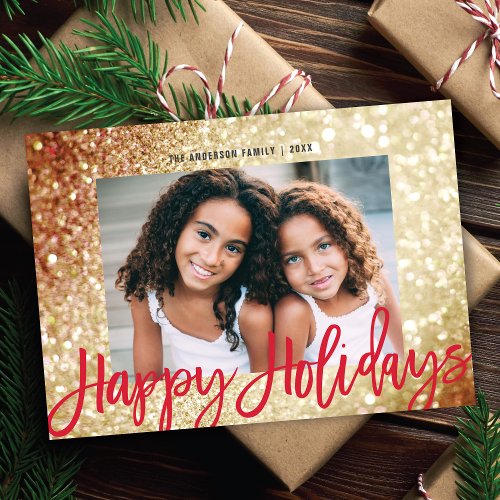 Glam Gold Glitter Happy Holidays Script 1 Photo Holiday Card