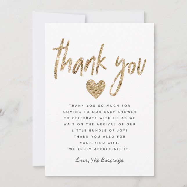 Glam Gold Glitter Heart Baby Shower Thank You Card (Front)