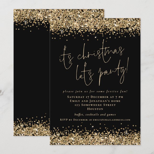 Glam Gold Glitter Its Christmas Lets Party Black Invitation (Front/Back)