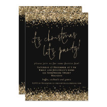 Glam Gold Glitter Its Christmas Lets Party Black Invitation